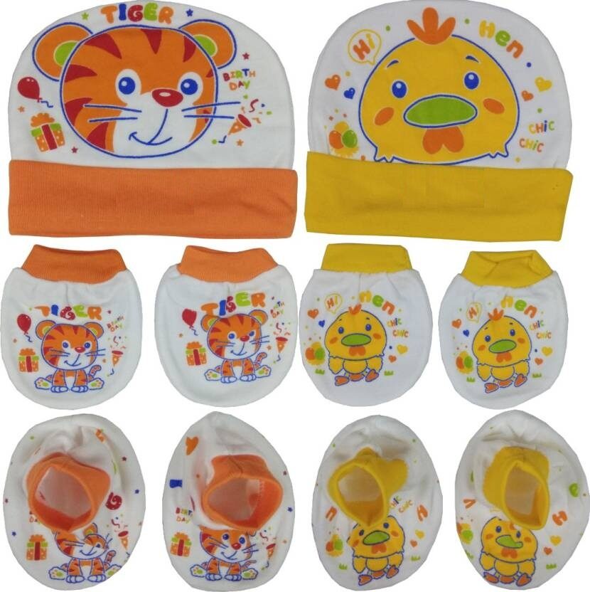 

100 Soft Cotton New Born Baby Caps Booties Mittens Combo Set (0-3 Month)
