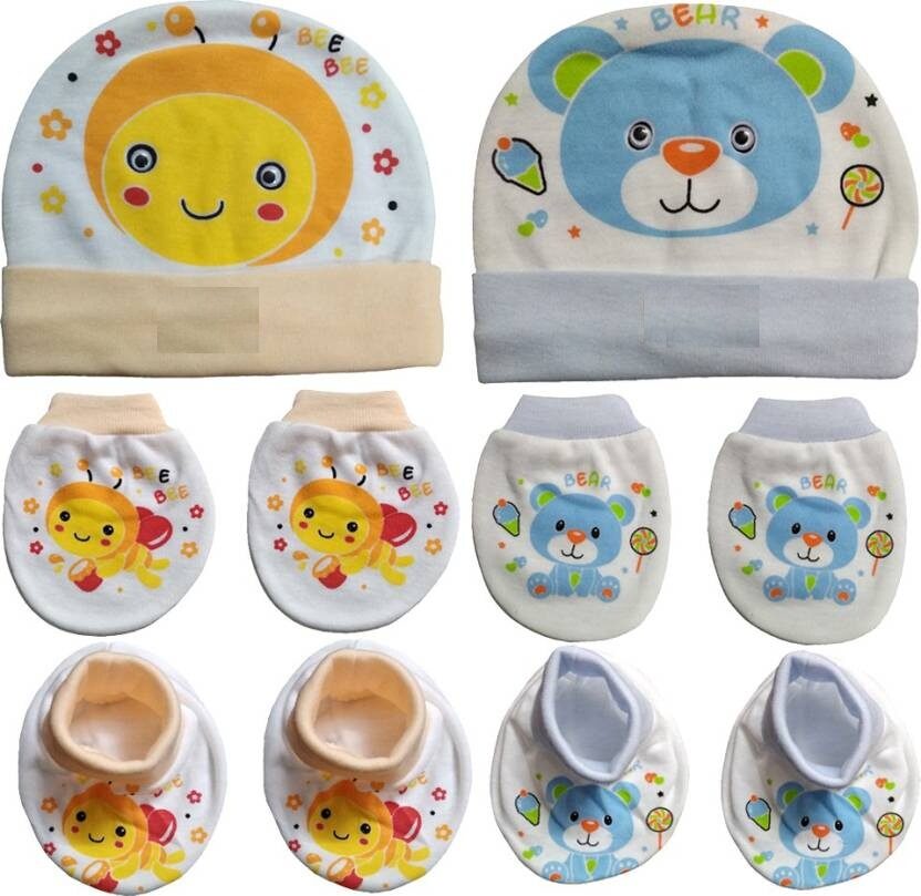 

100 Soft Cotton New Born Baby Caps Booties Mittens Combo Set (0-3 Month)