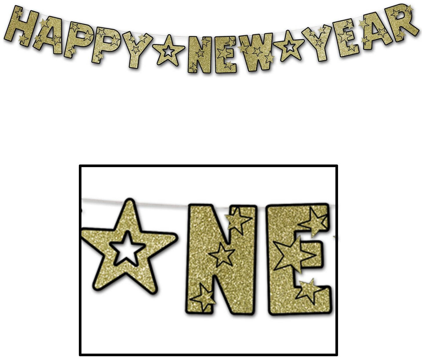 

(12) Glittered Happy New Year Streamer black gold
