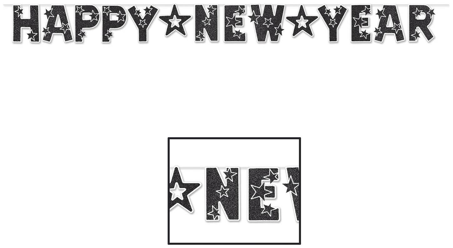 

(12) Glittered Happy New Year Streamer black white