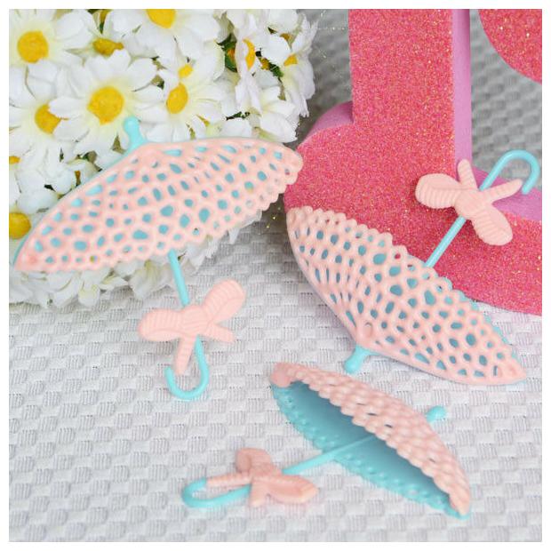 

12 Pink Baby Blue Parasol Umbrella Lace Parasol Cupcake Birthday Cake Topper