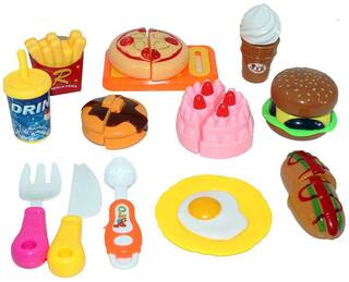 Shanaya 13 pieces Realistic Sliceable Fast Food Items like Pizza, Hot Dog, Burger, French Fries, etc with Velcro Pretend & Play Toy for Kids (Multicolor)