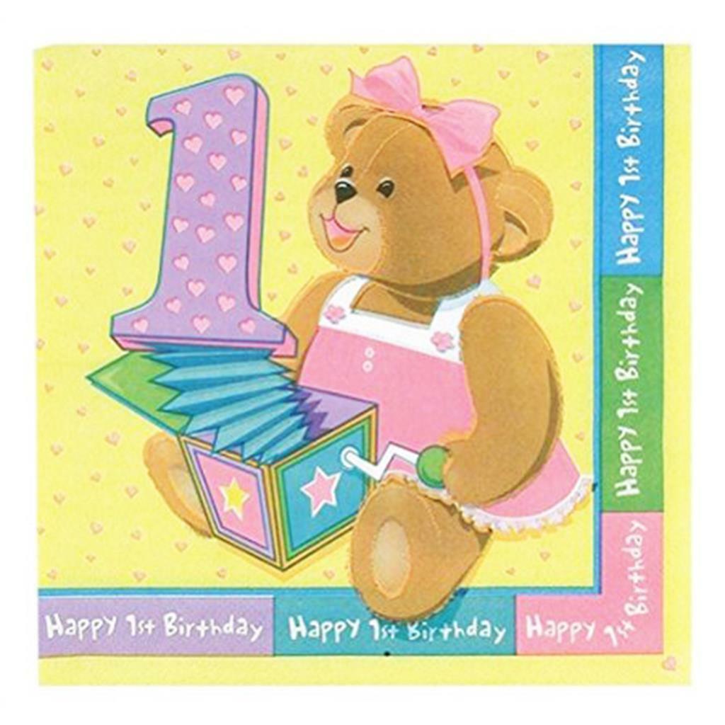 

1st Birthday Bears Pink Dessert Napkins 16 Per Package Party Supplies New