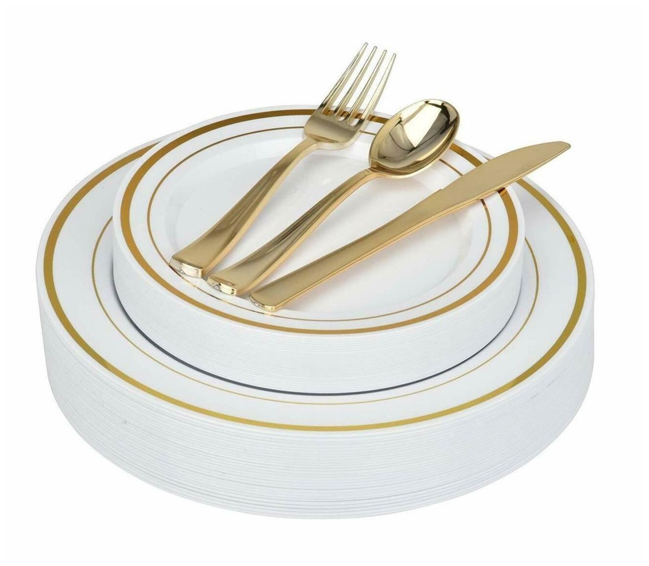 

25 Guests - 125 Piece Gold Rim Plastic Party Plates and Cutlery for Party