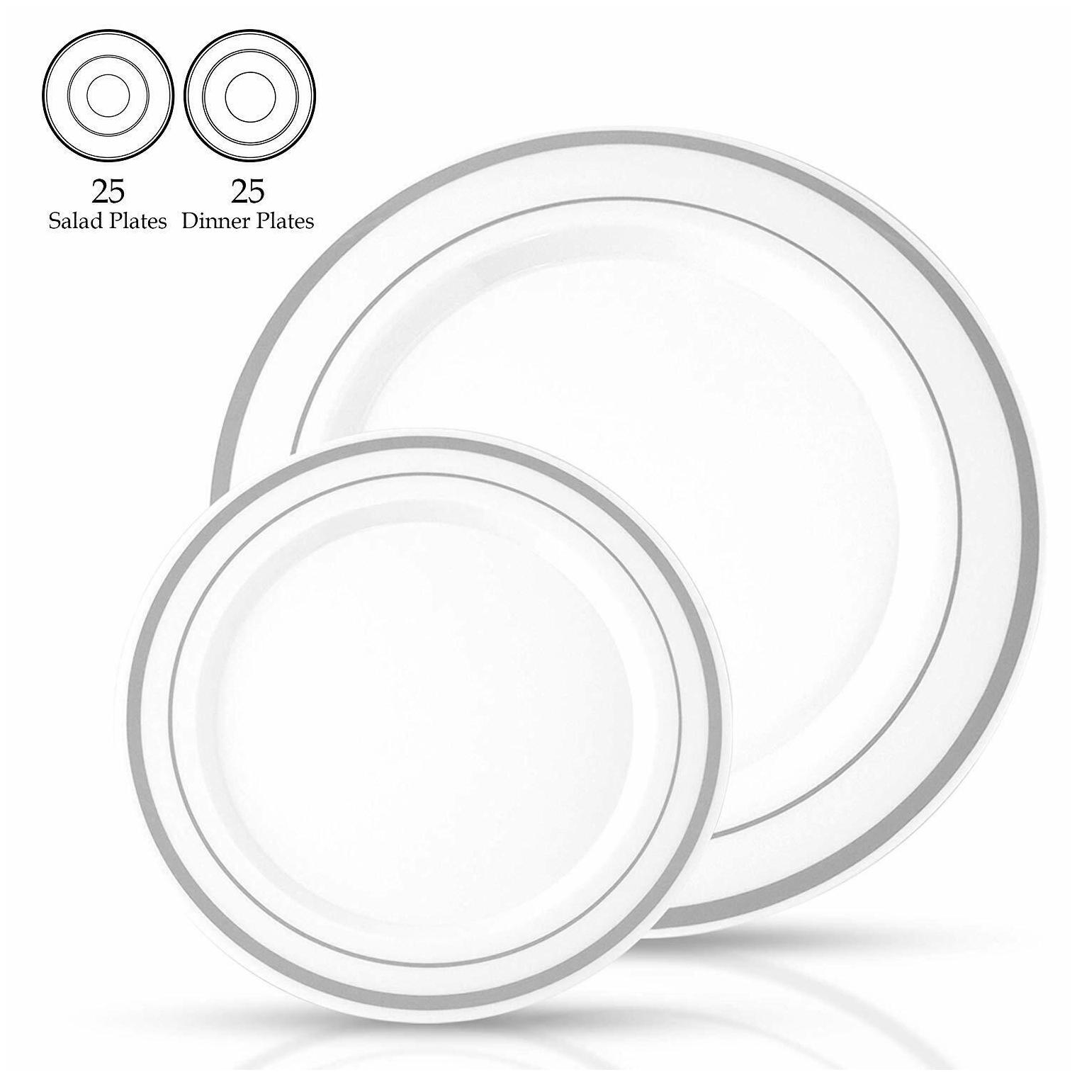 

50 Pieces Silver Rim Disposable plates plastic silverware White plastic plates