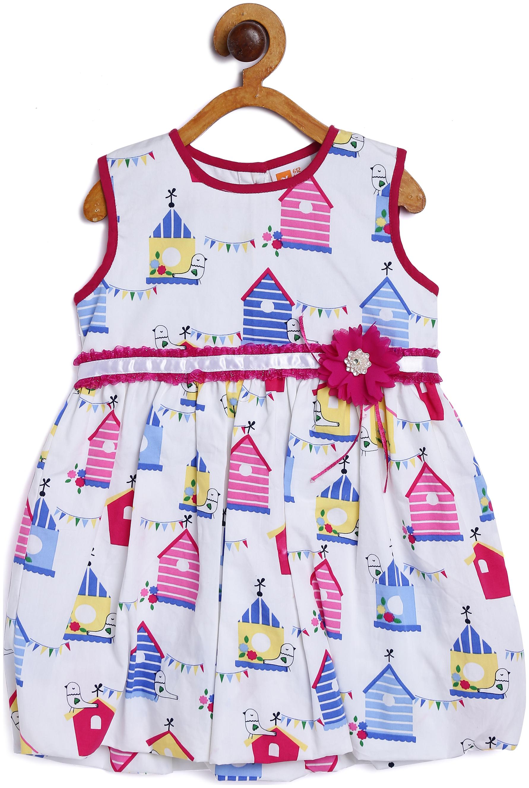 

612 League Baby girl Cotton Printed Princess frock - White