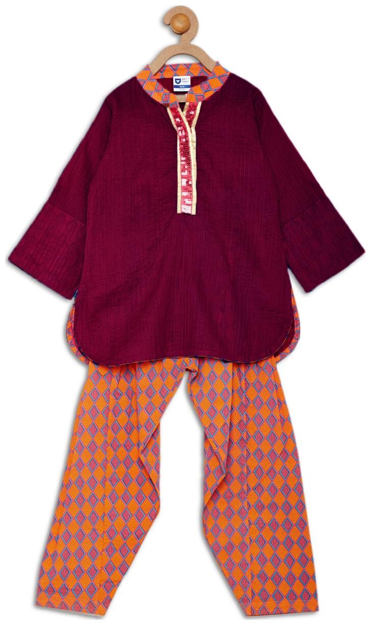 

612 League Girl s Cotton Solid 3 4th sleeves Kurti salwar set - Pink
