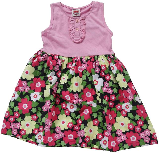 612 League Girl'S Pink Regular Fit Floral Printed Round Neck Sleeveless Dress