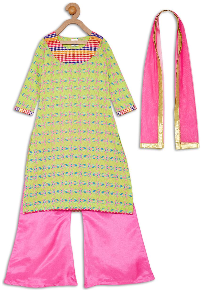 

612 League Girl s Cotton Solid 3 4th sleeves Kurti salwar set - Green