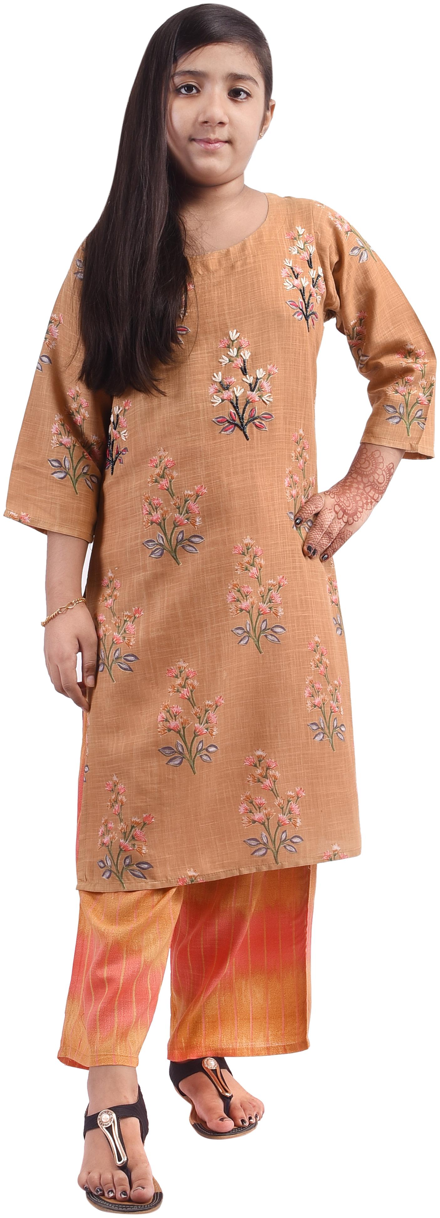 

A - TEX INDIA Girl s Rayon Floral 3 4th sleeves Kurti salwar set - Orange Yellow