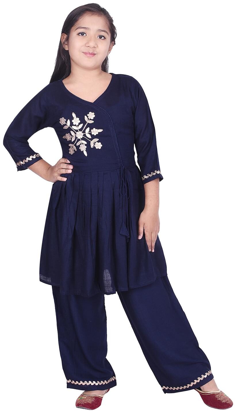 

A - TEX INDIA Girl s Rayon Embellished 3 4th sleeves Kurti salwar set - Blue
