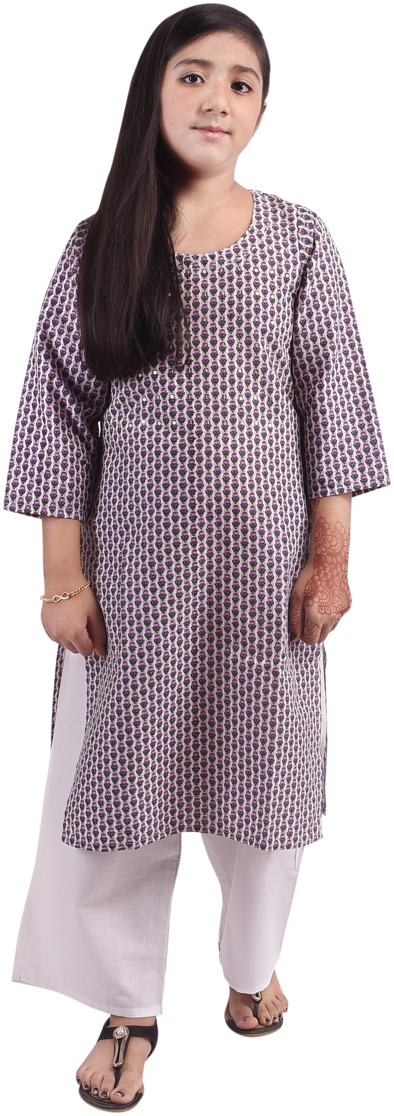 

A - TEX INDIA Girl s Cotton Floral 3 4th sleeves Kurti salwar set - Purple White