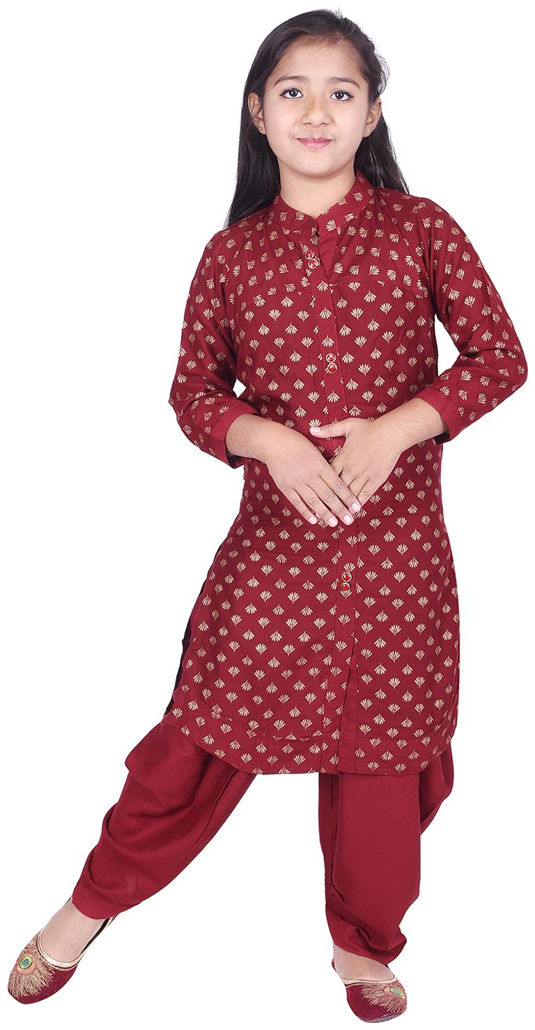 

A - TEX INDIA Girl s Rayon Printed 3 4th sleeves Kurti salwar set - Maroon