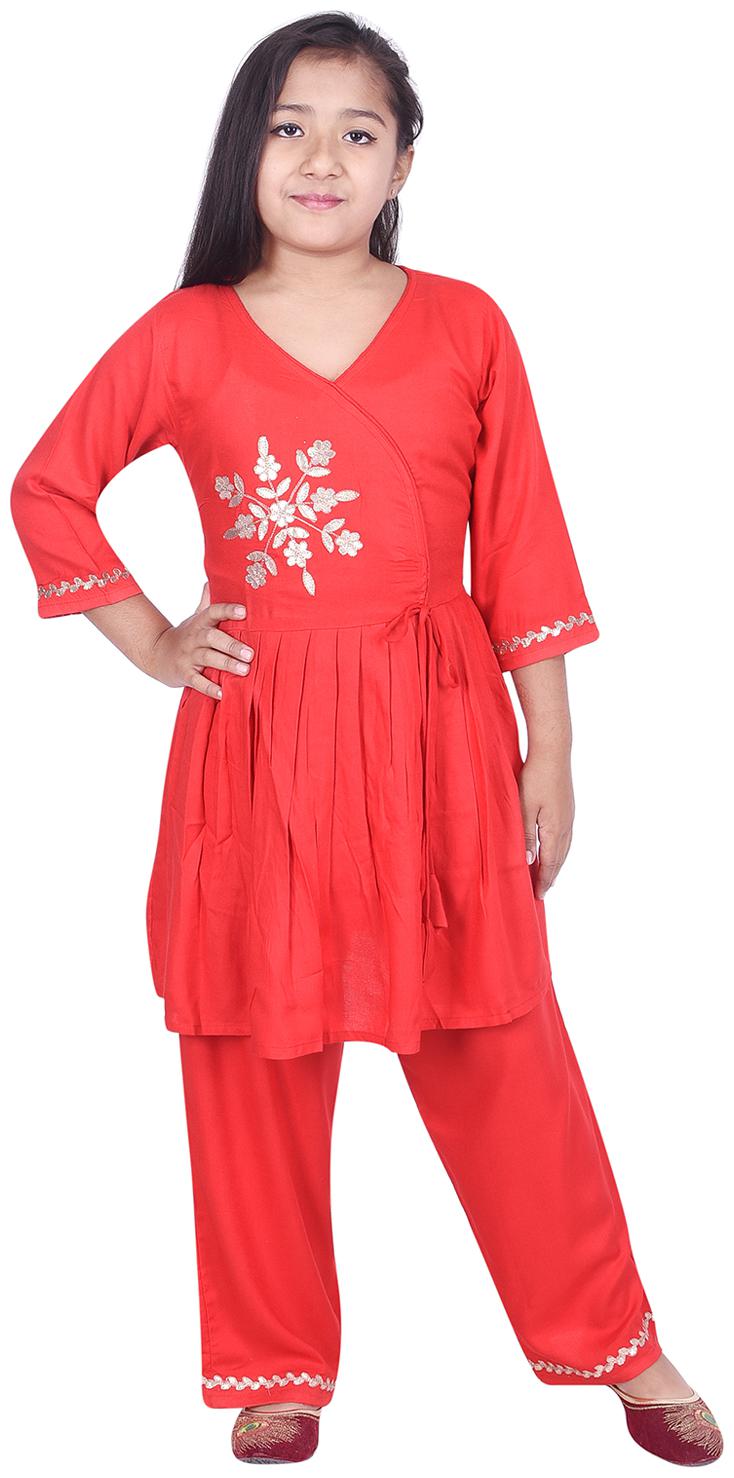 

A - TEX INDIA Girl s Rayon Embellished 3 4th sleeves Kurti salwar set - Red