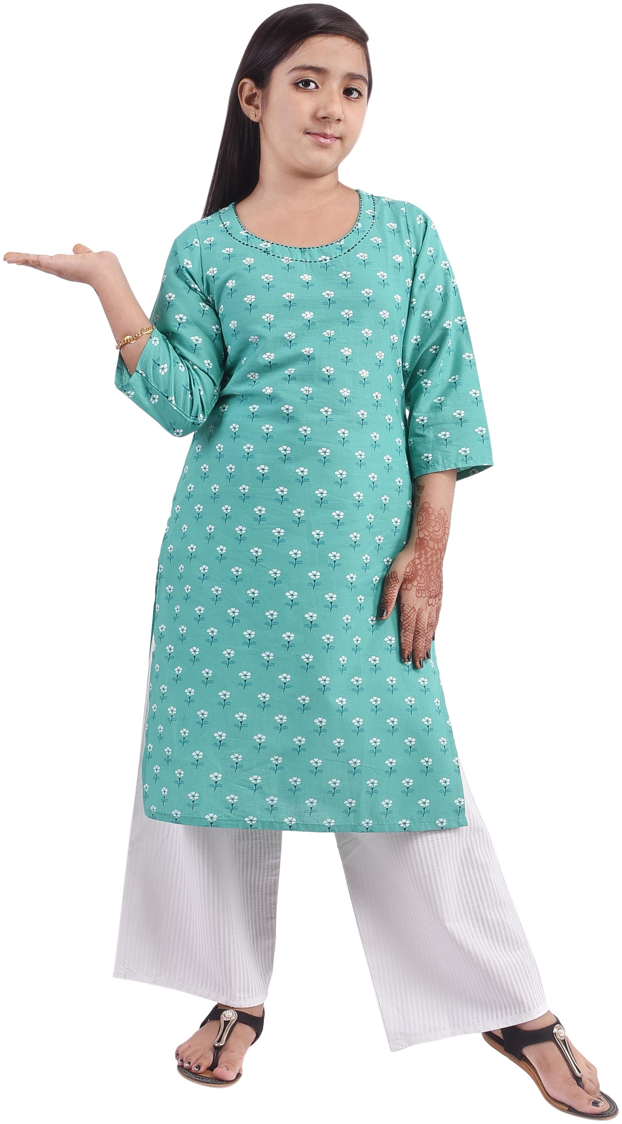 

A - TEX INDIA Girl s Cotton Floral 3 4th sleeves Kurti salwar set - Blue White