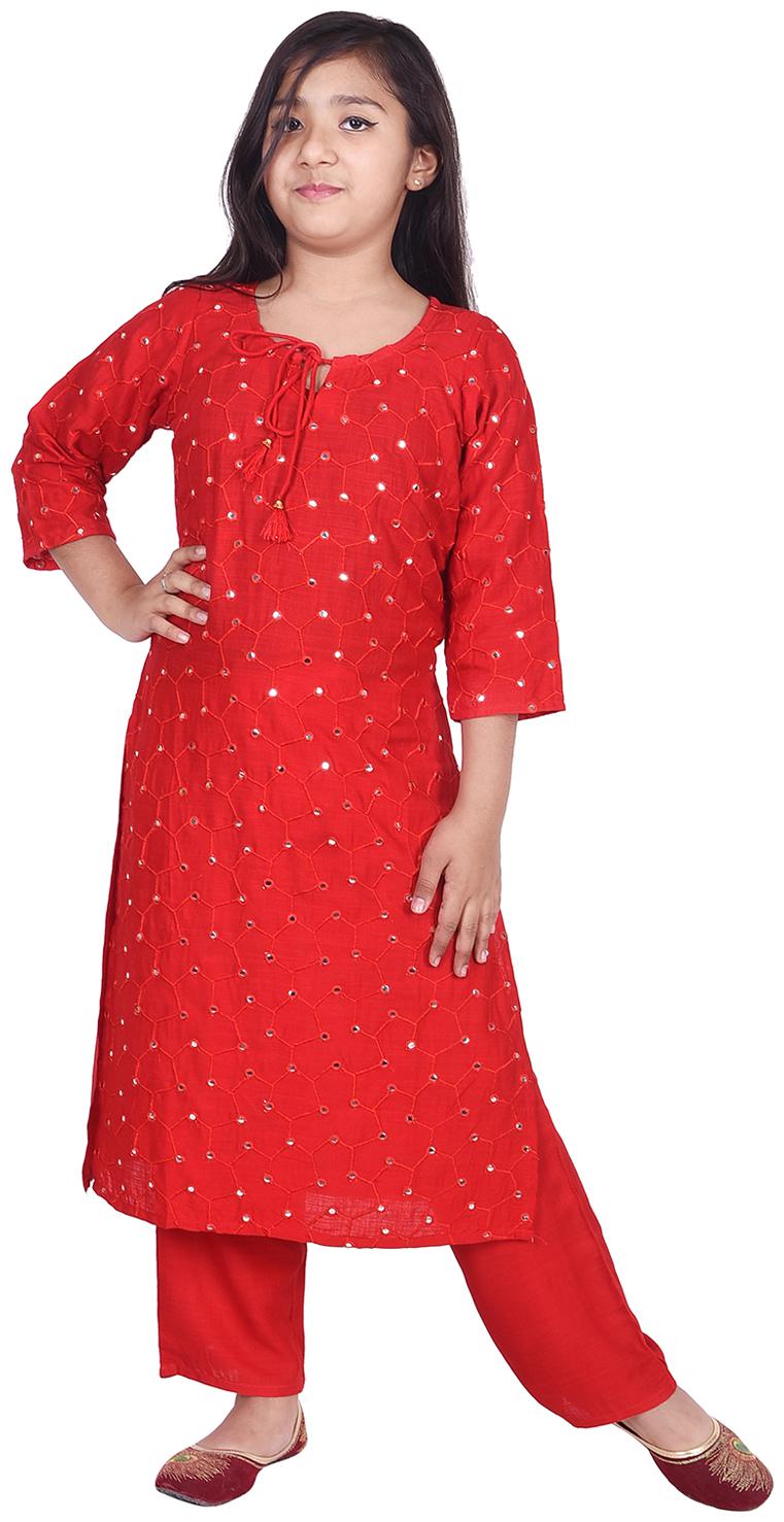 

A - TEX INDIA Girl s Rayon Straight EmbroideKurti Salwar Set (Red)