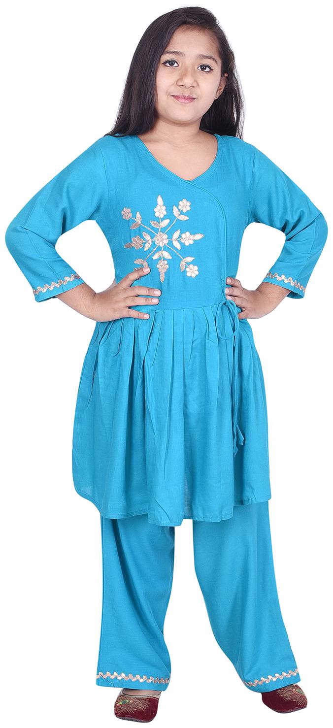 

A - TEX INDIA Girl s Rayon Embellished 3 4th sleeves Kurti salwar set - Blue