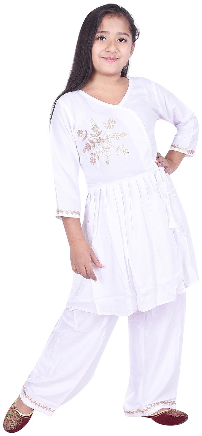 

A - TEX INDIA Girl s Rayon Embellished 3 4th sleeves Kurti salwar set - White
