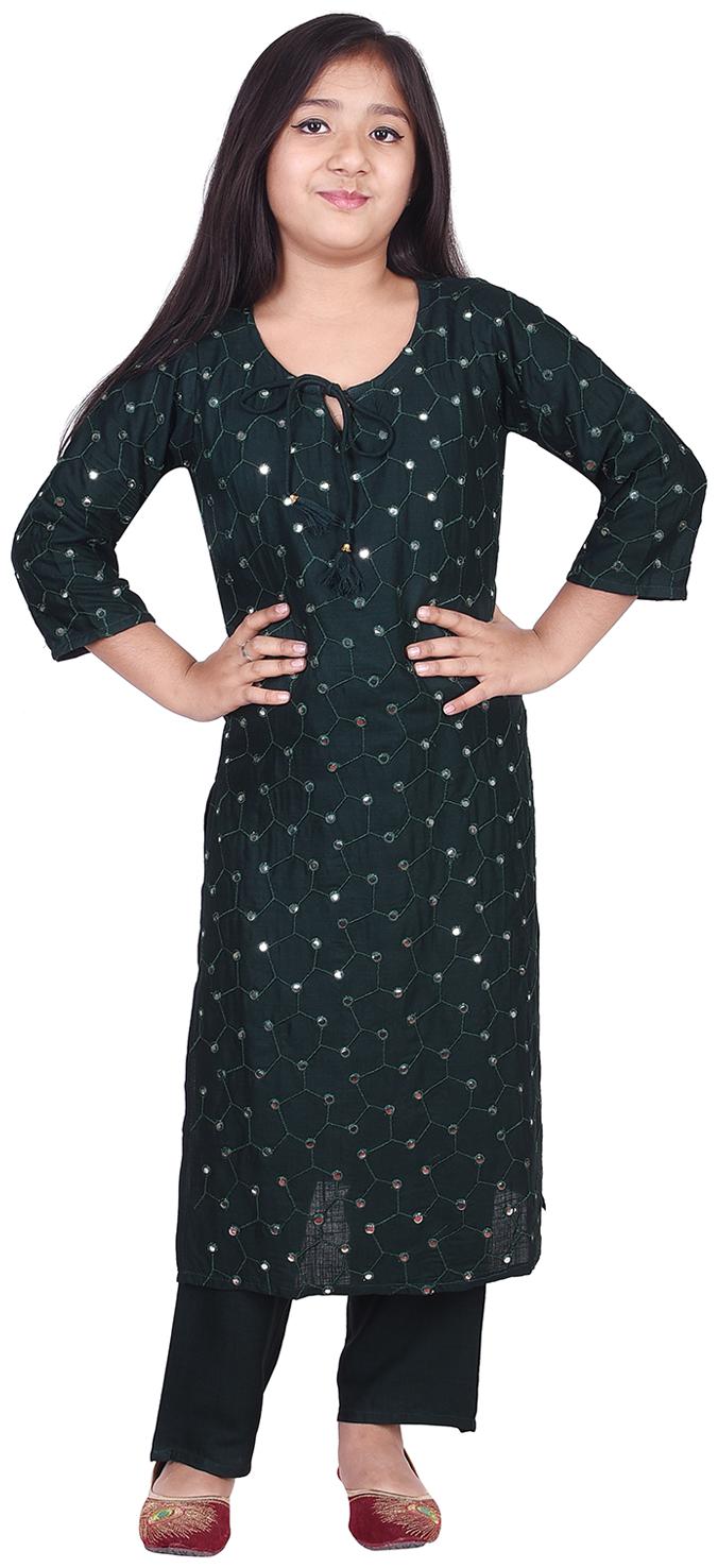 

A - TEX INDIA Girl s Rayon Straight EmbroideKurti Salwar Set (Green)