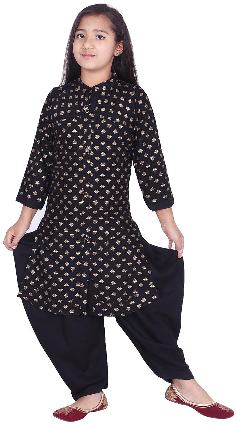 

A - TEX INDIA Girl s Rayon Printed 3 4th sleeves Kurti salwar set - Black