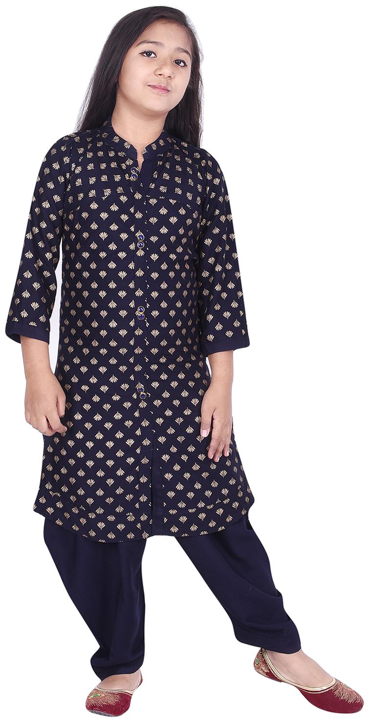 

A - TEX INDIA Girl s Rayon Printed 3 4th sleeves Kurti salwar set - Blue
