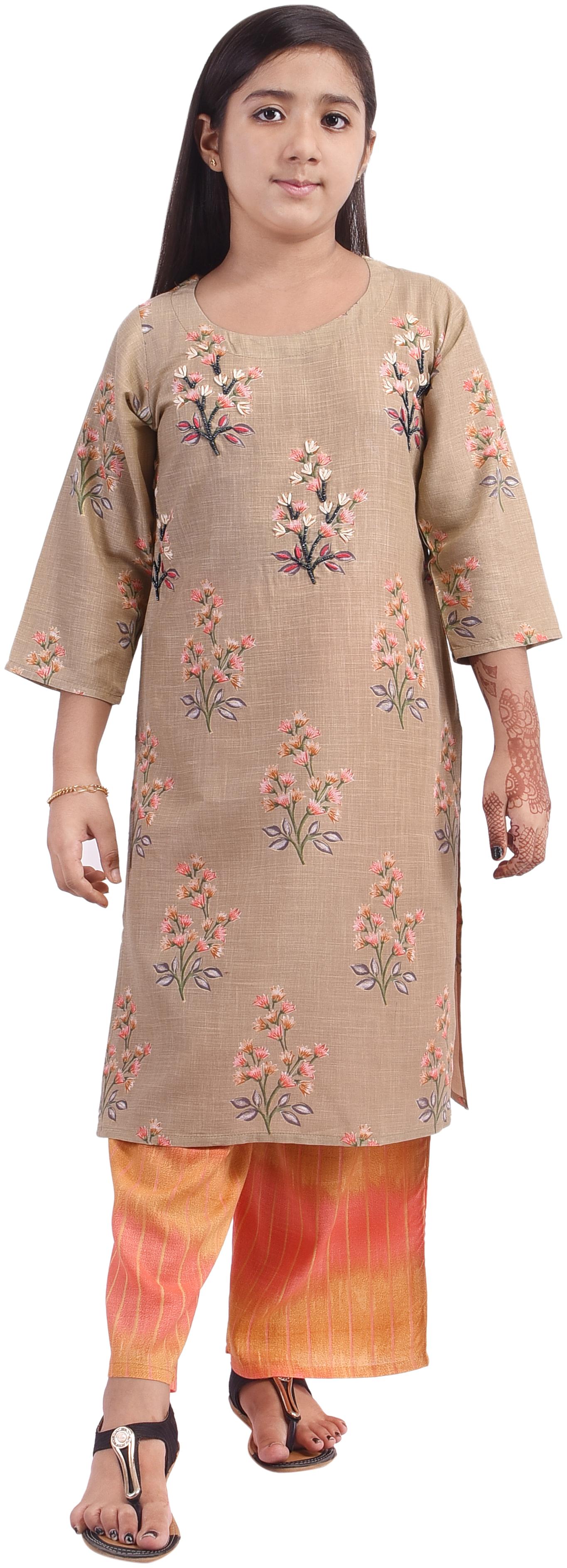 

A - TEX INDIA Girl s Rayon Floral 3 4th sleeves Kurti salwar set - Beige Yellow