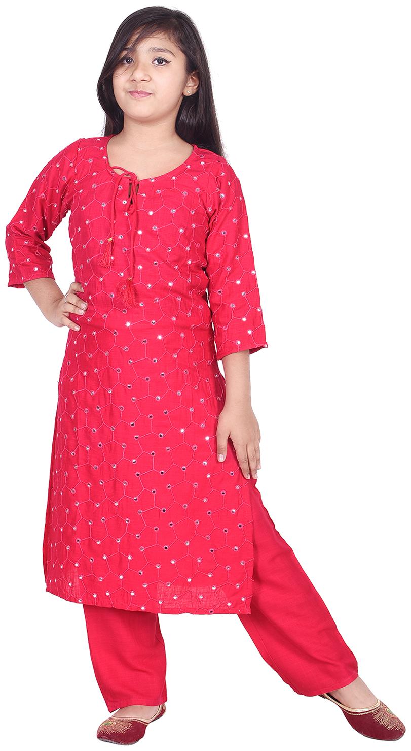 

A - TEX INDIA Girl s Rayon Straight EmbroideKurti Salwar Set (Pink)