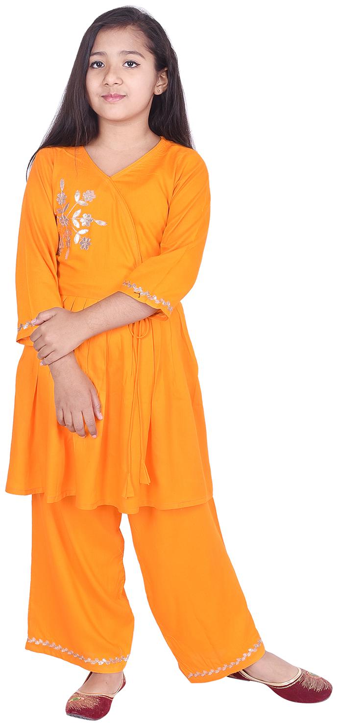 

A - TEX INDIA Girl s Rayon Embellished 3 4th sleeves Kurti salwar set - Yellow