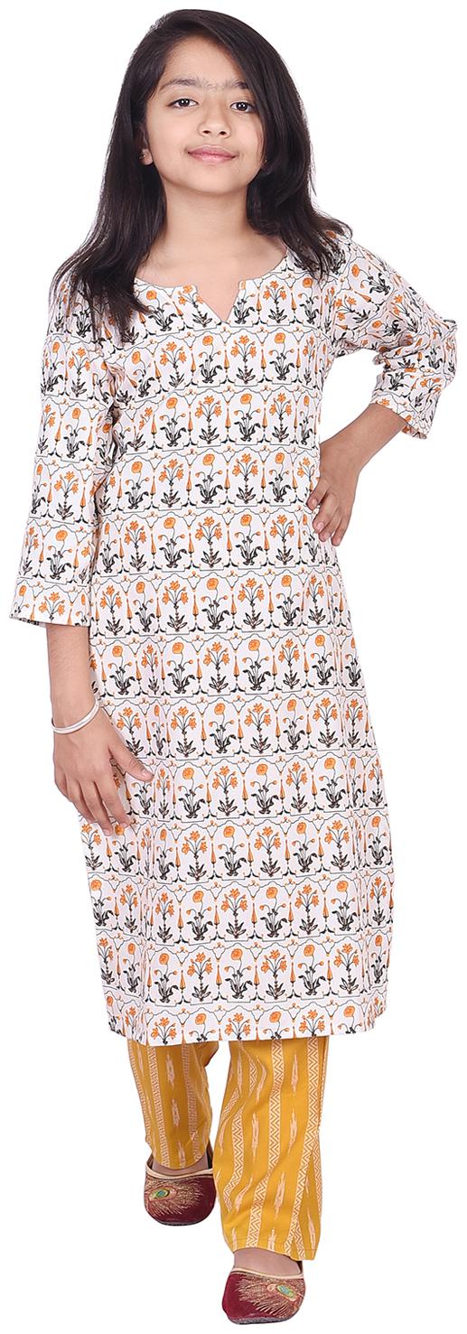 

A - TEX INDIA Girl s Rayon Printed 3 4th sleeves Kurti salwar set - White Yellow