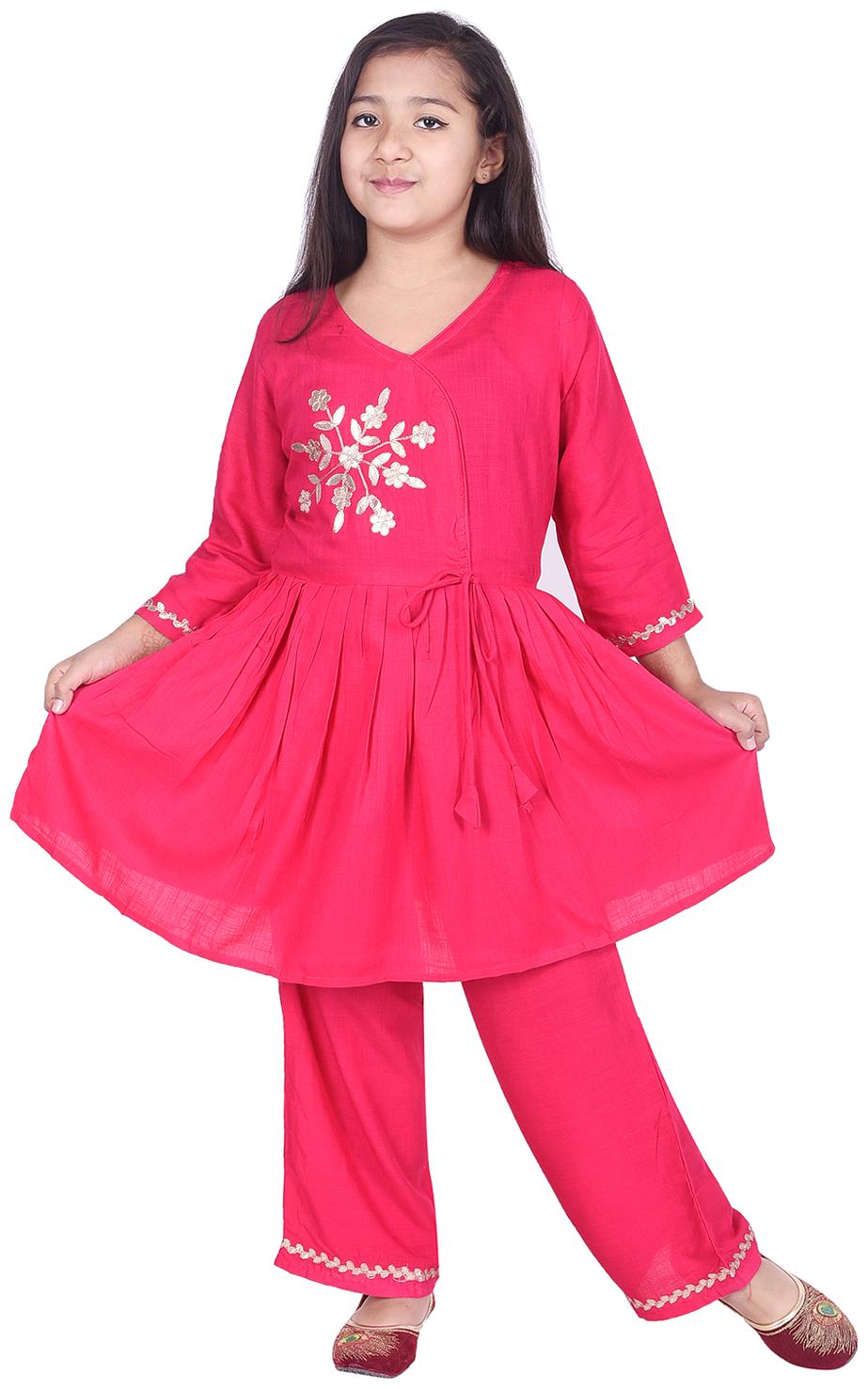 

A - TEX INDIA Girl s Rayon Embellished 3 4th sleeves Kurti salwar set - Pink