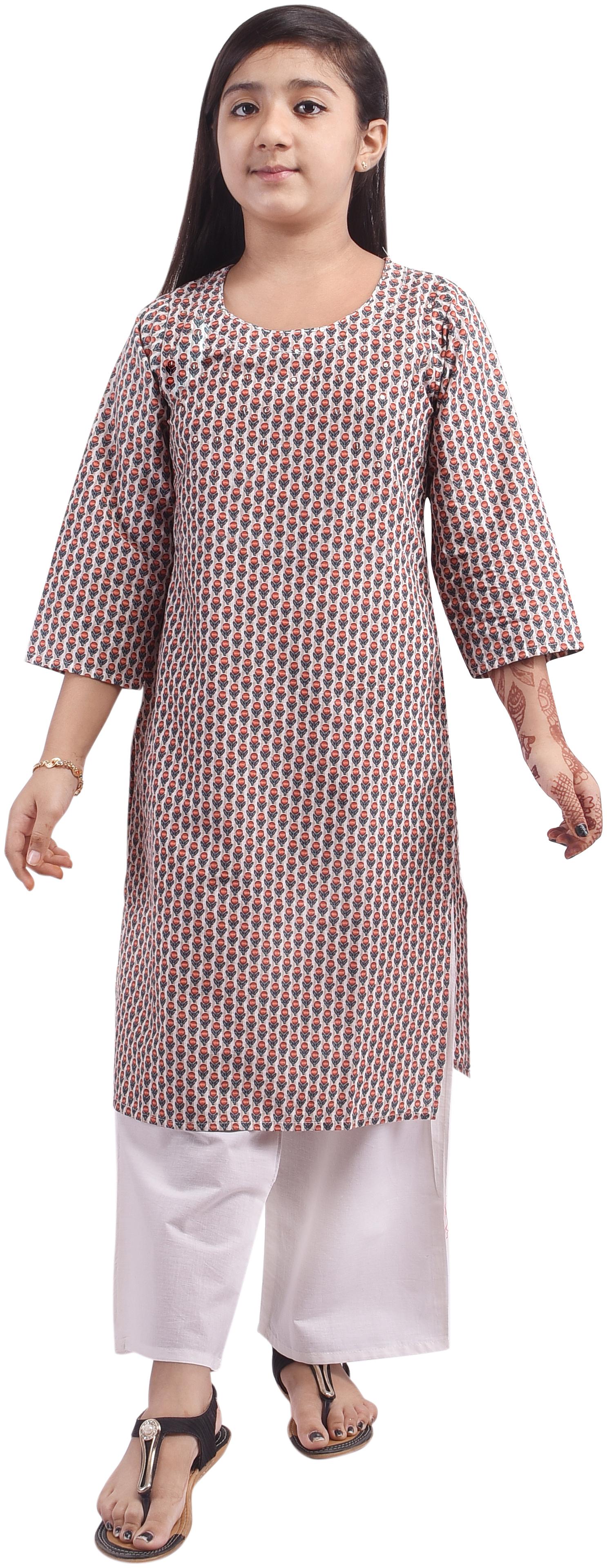 

A - TEX INDIA Girl s Cotton Floral 3 4th sleeves Kurti salwar set - Orange White