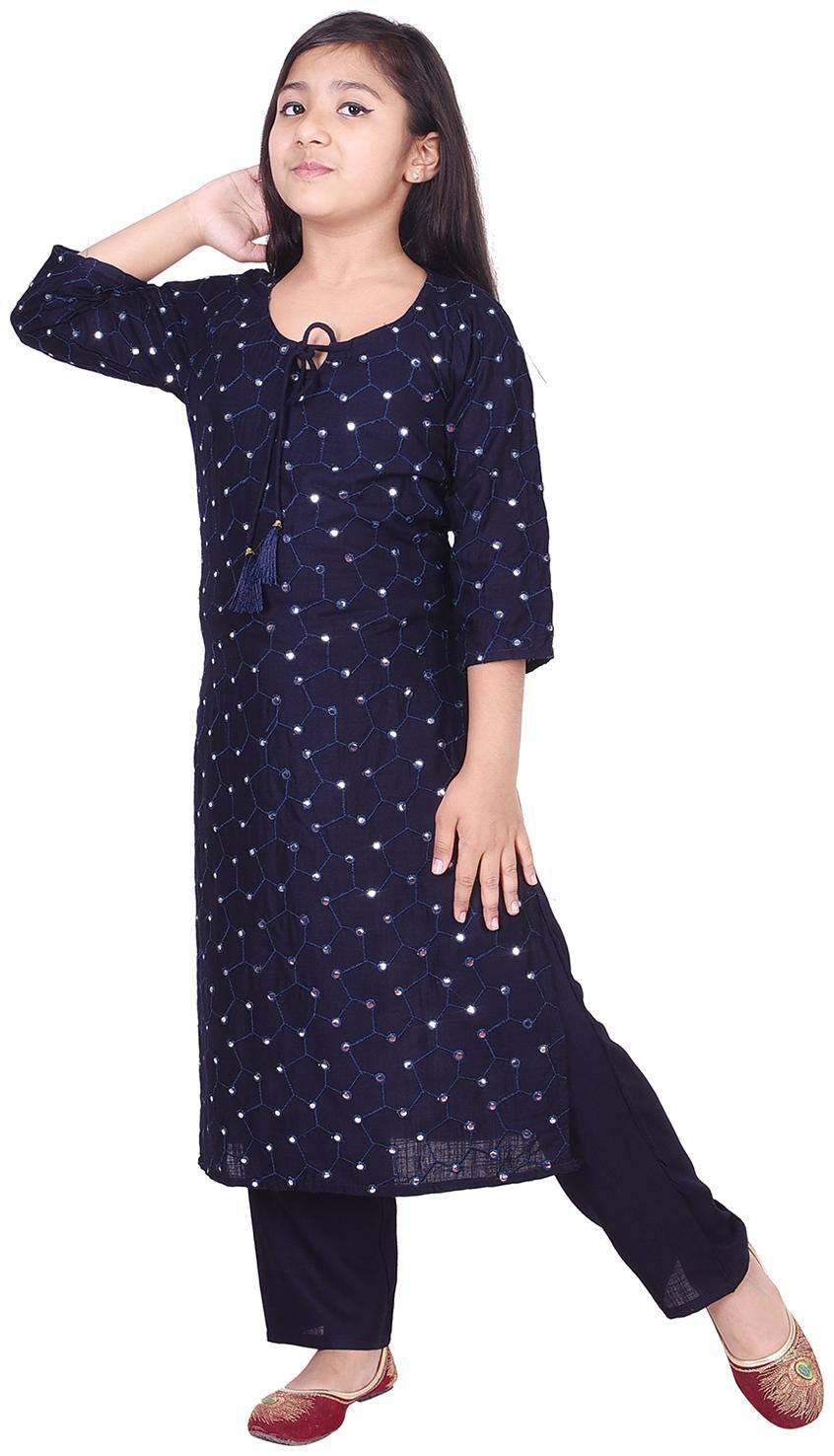 

A - TEX INDIA Girl s Rayon navy Blue Straight EmbroideKurti Salwar Set (Blue)