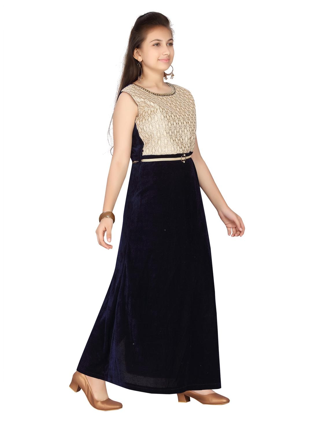 

Aarika Girl s Velvet Self design Sleeveless Gown - Blue