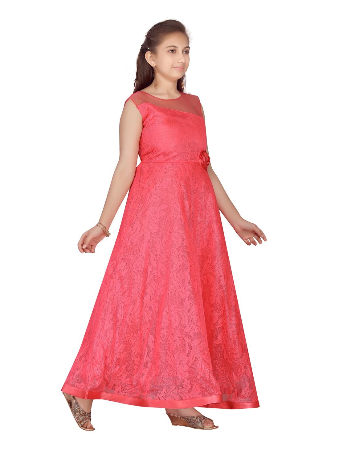 

Aarika Girl s Net Floral Sleeveless Gown - Red