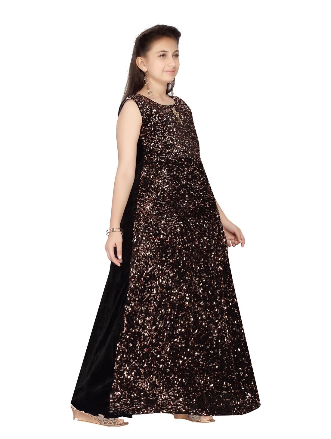 

Aarika Girl s Velvet Embellished Sleeveless Gown - Orange