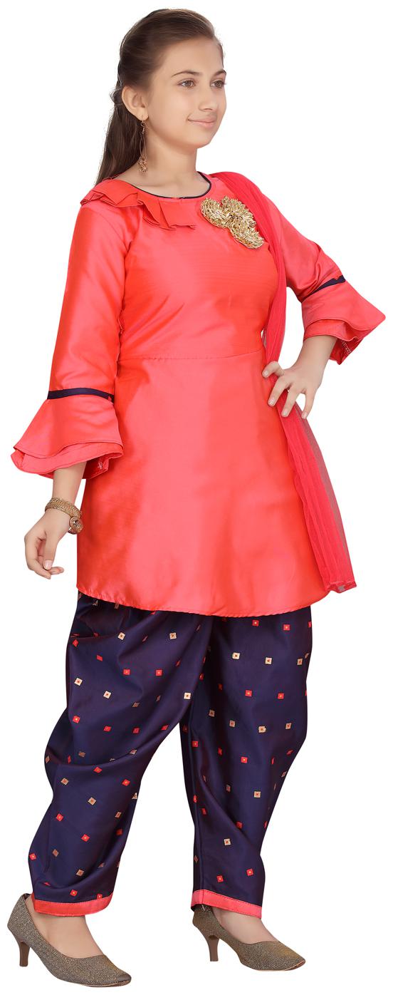 

Aarika Girl s Silk Self design 3 4th sleeves Kurti salwar set - Red