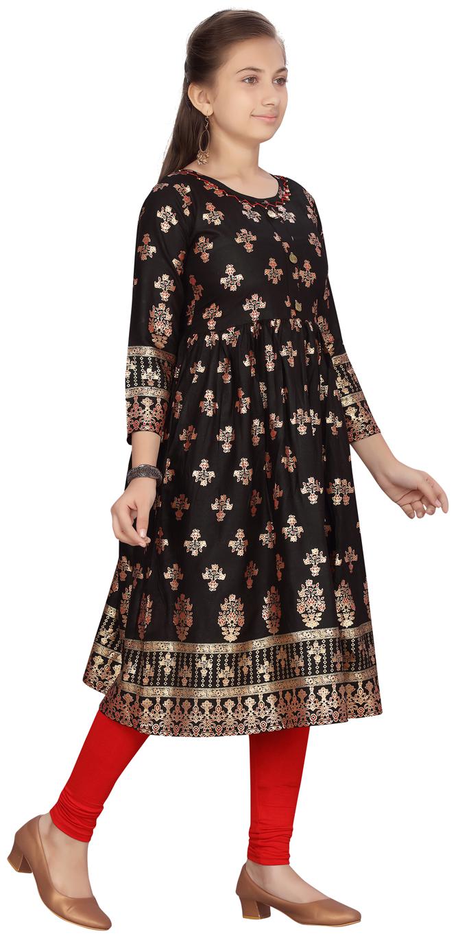 

Aarika Girl s Cotton Floral 3 4th sleeves Kurta kurti - Black