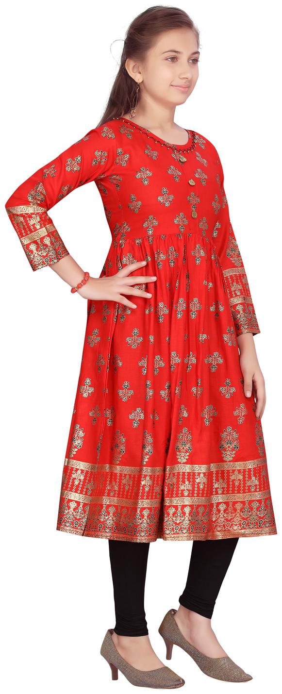 

Aarika Girl s Cotton Floral 3 4th sleeves Kurta kurti - Red
