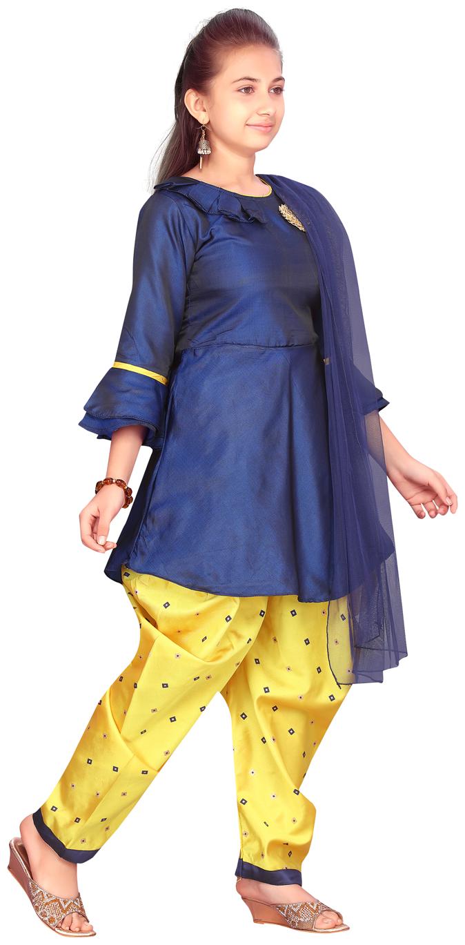

Aarika Girl s Silk Self design 3 4th sleeves Kurti salwar set - Blue