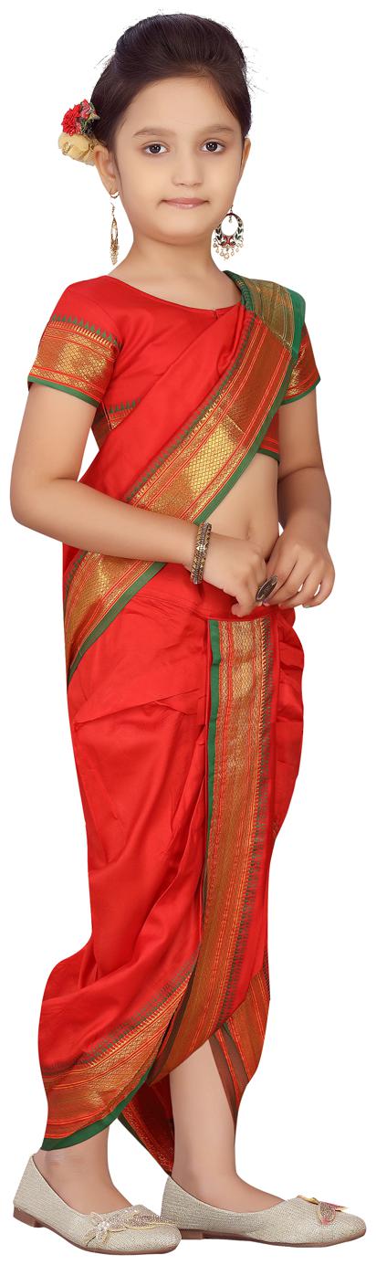 

Aarika Girl s Silk Solid Short sleeves Saree - Red
