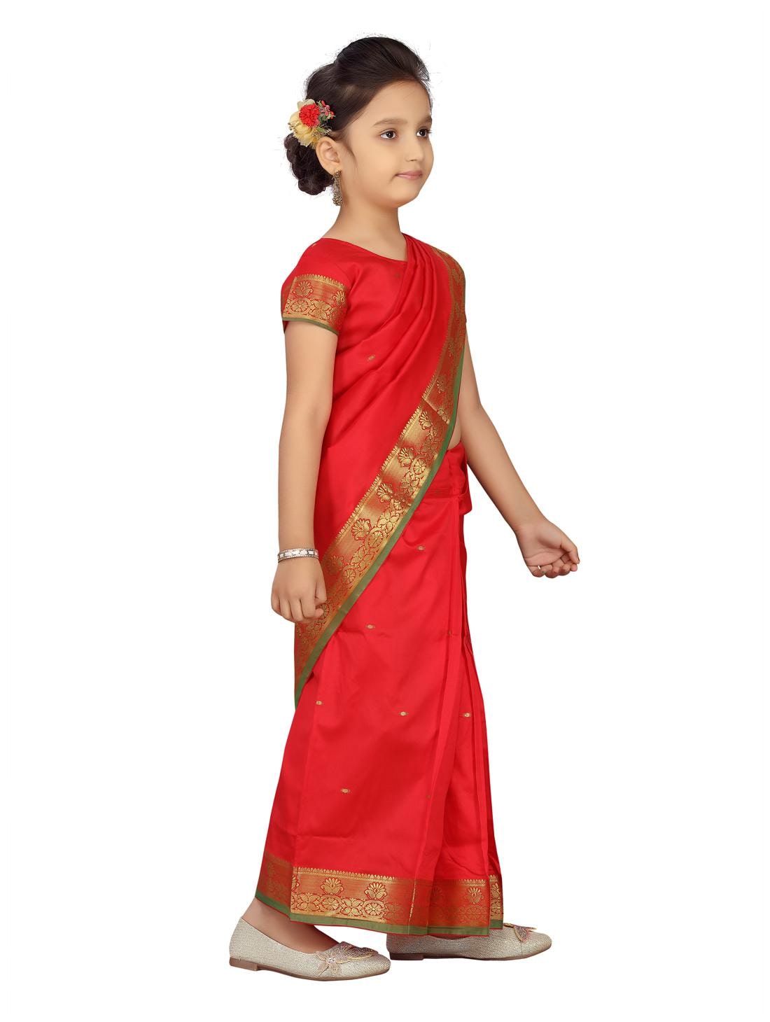 

Aarika Girl s Silk Solid Short sleeves Saree - Red