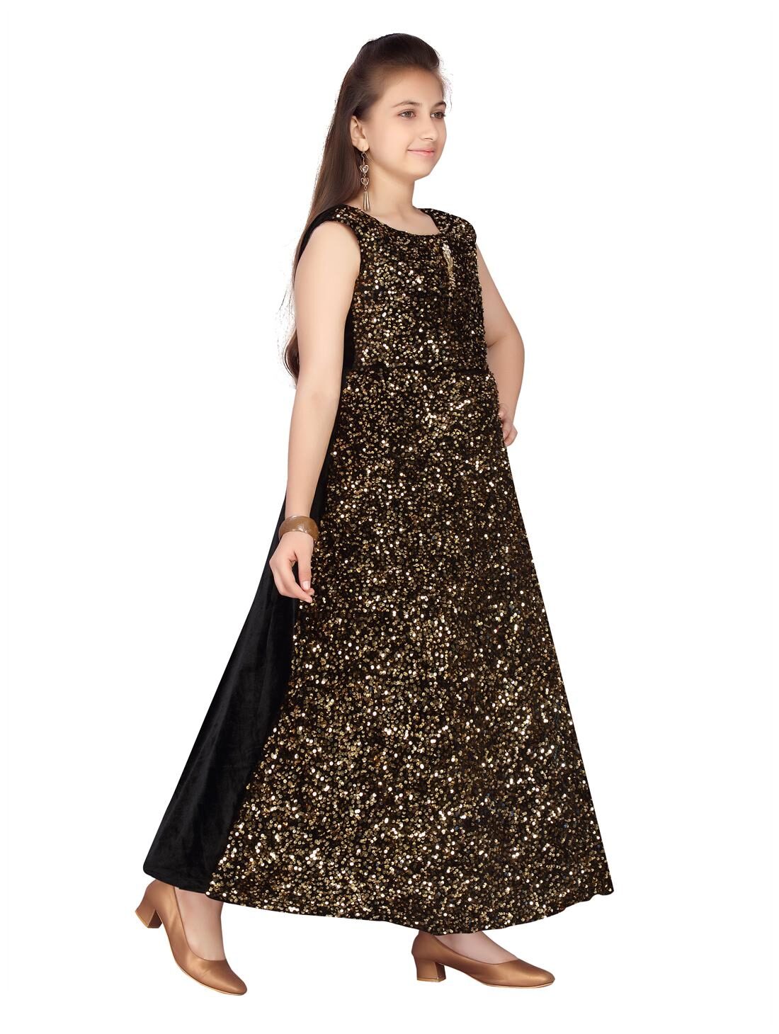 

Aarika Girl s Velvet Embellished Sleeveless Gown - Gold