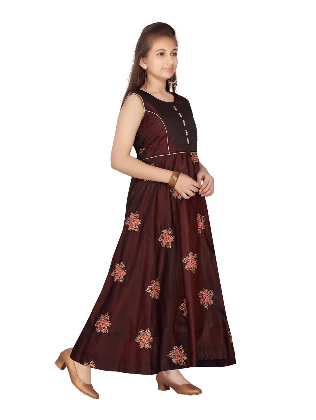 

Aarika Girl s Art silk Self design Sleeveless Gown - Maroon
