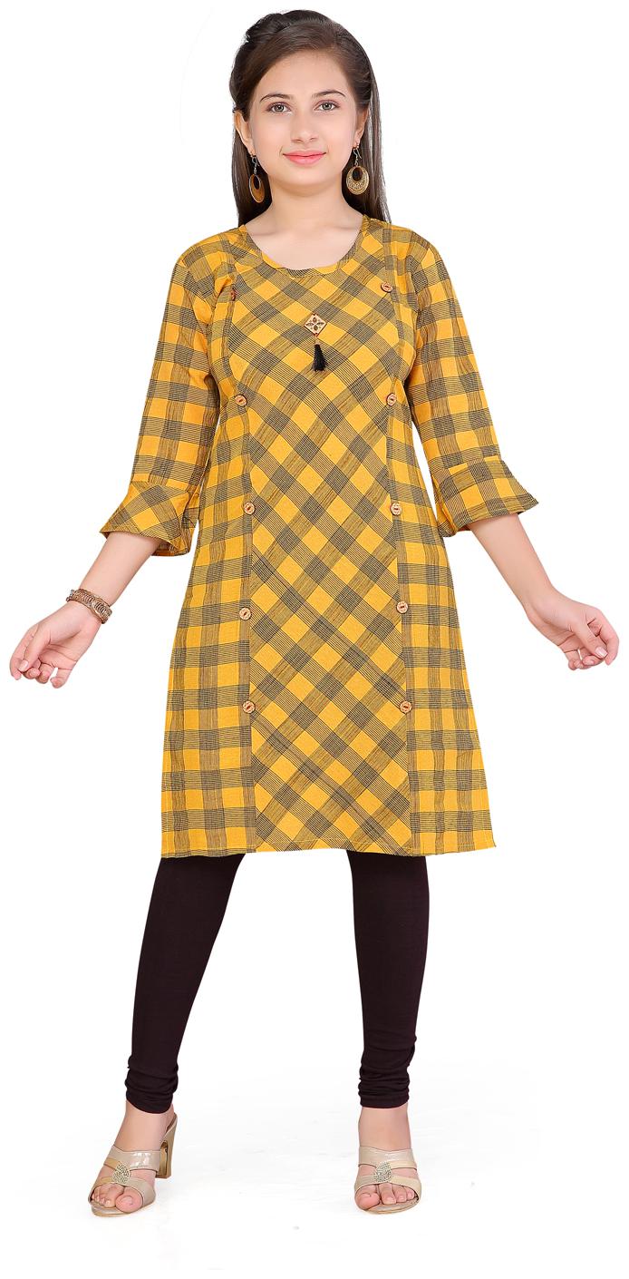

Aarika Girl s Cotton Checked 3 4th sleeves Kurti salwar set - Yellow