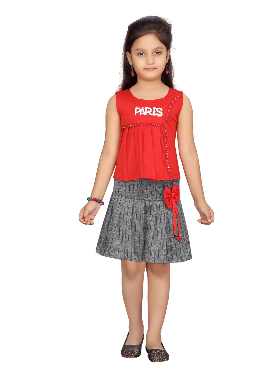 

Aarika Girl Blended Top Bottom Set - Red Grey