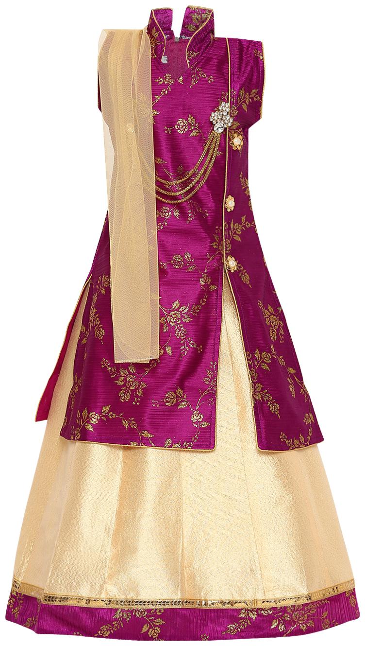 

Aarika Girl s Art silk Self design Sleeveless Lehenga choli - Purple Beige