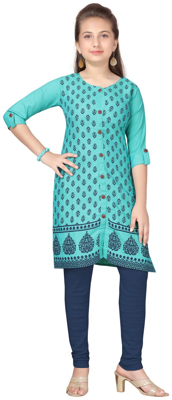 

Aarika Girl s Cotton Printed 3 4th sleeves Kurti salwar set - Blue
