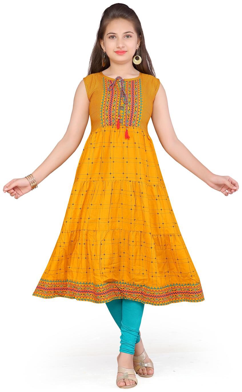 

Aarika Girl s Cotton Printed Sleeveless Kurti salwar set - Blue Yellow