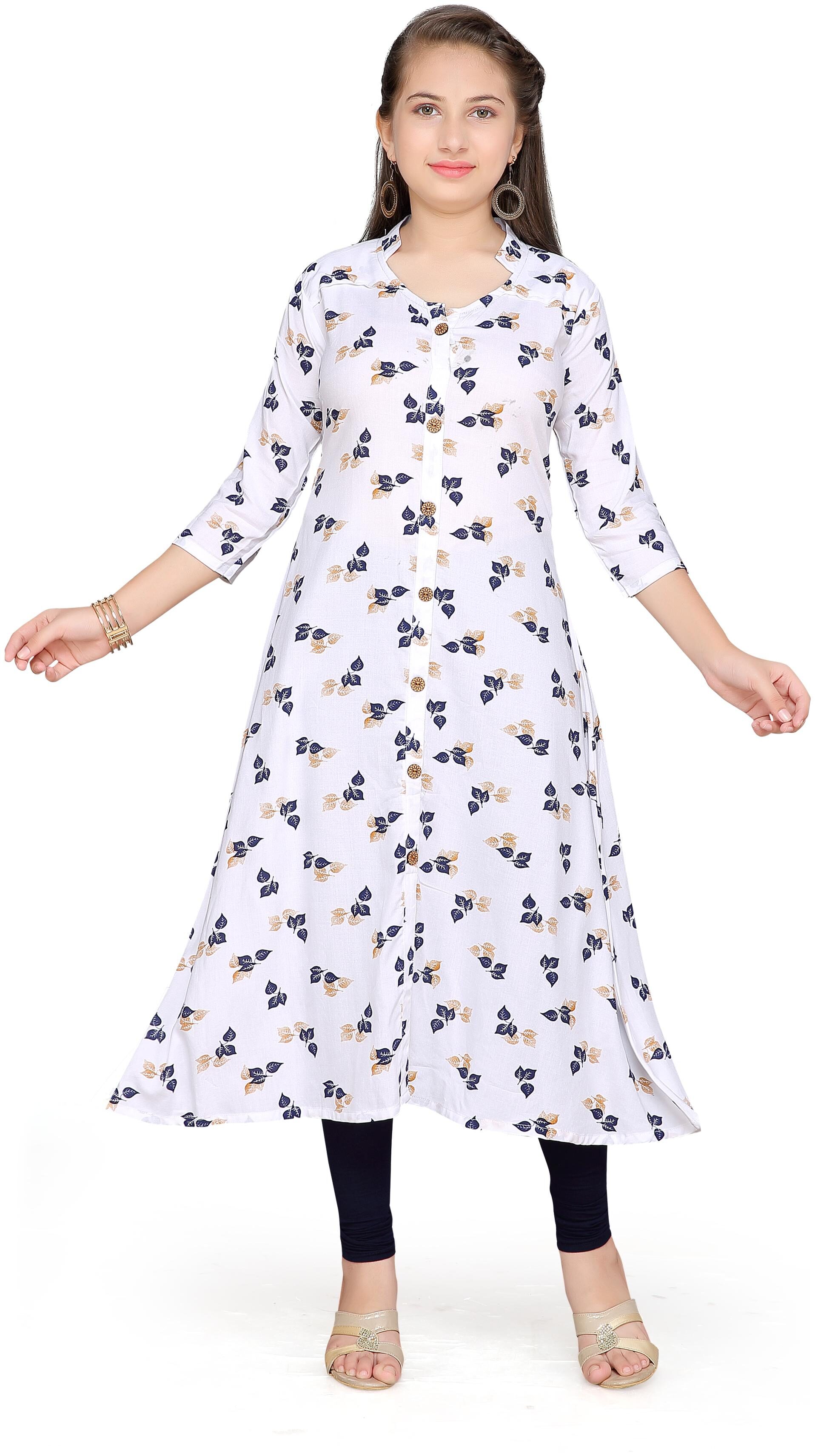 

Aarika Girl s Cotton Floral 3 4th sleeves Kurti salwar set - White