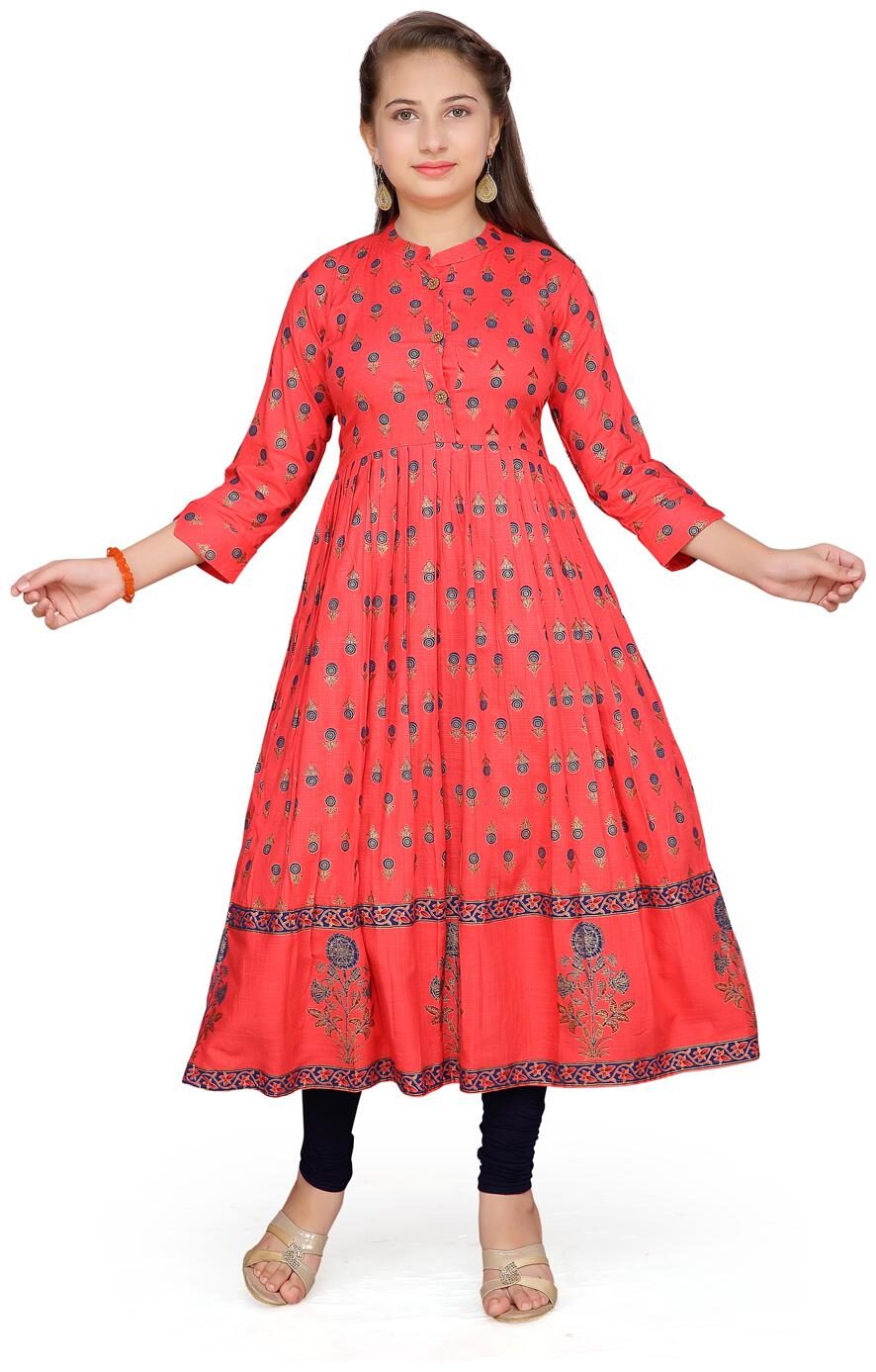 

Aarika Girl s Cotton Floral 3 4th sleeves Kurti salwar set - Blue
